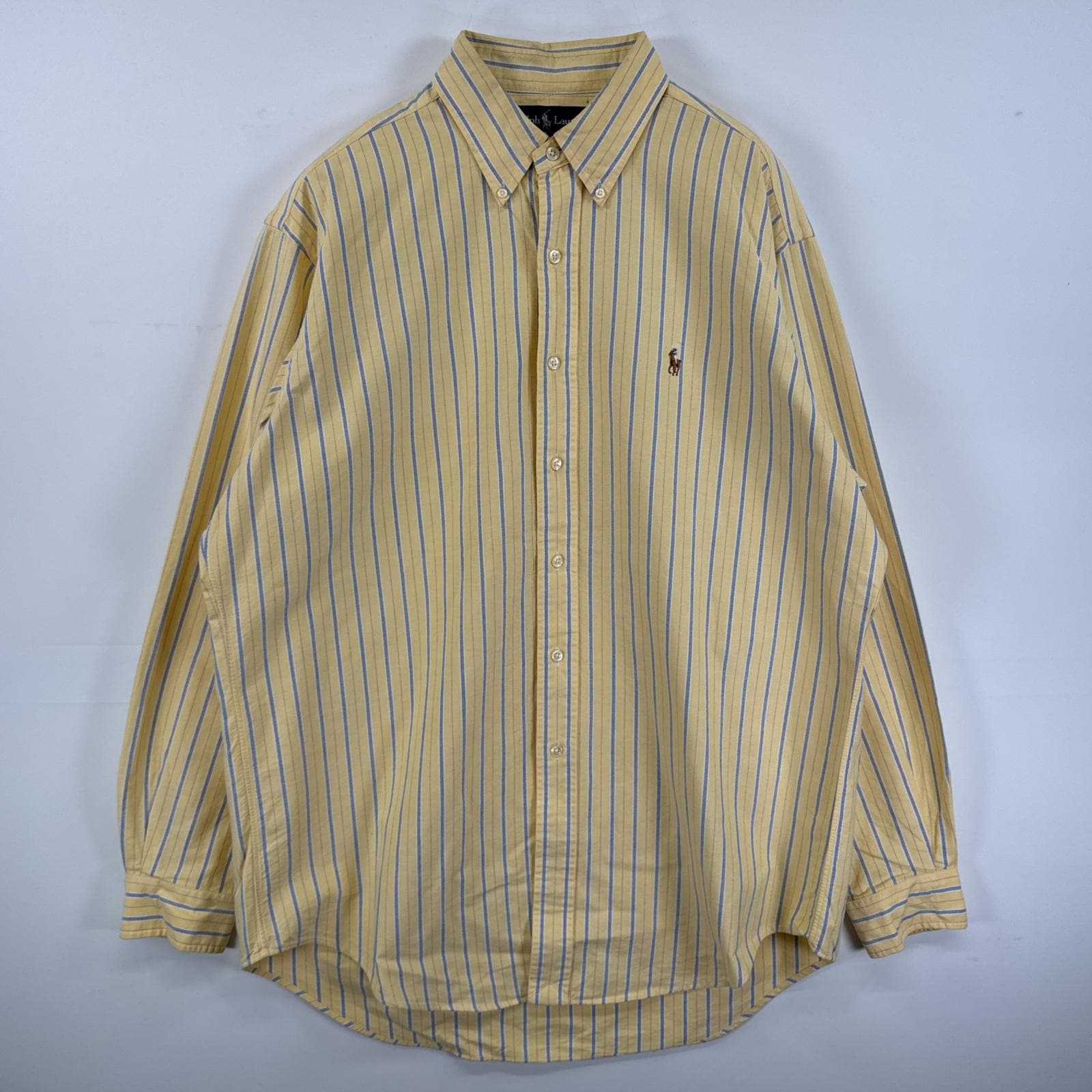 古着 長袖シャツ ボタンダウンシャツ ワンポイント オックスフォード L イエロー ストライプ メンズ