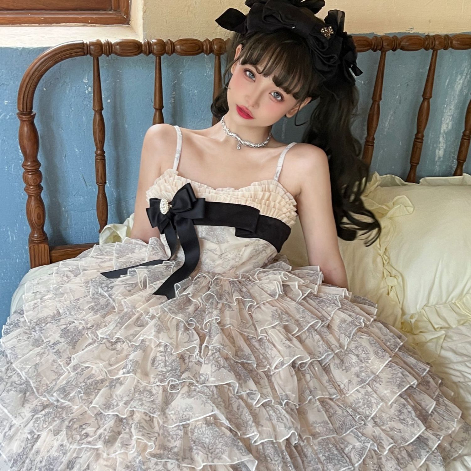 サスペンダースカート ロリータドレス ブロンズ多層ケーキスカート 女性用