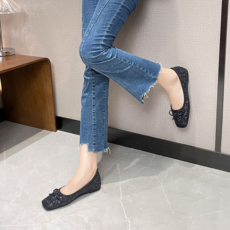 500円OFFクーポン リボン スクエアトゥ フラット パンプス 1センチヒール レディース キラキラ ローヒール ぺたんこ バレエシューズ 疲れにくい 軽量 歩きやすい 楽ちん お出かけ 結婚式 コ