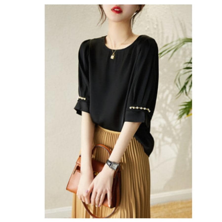 新作 ブラウス 半袖 レディース シャツ Tブラウス Tシャツ ７分袖 トップス シワ加工 飾り付き スリム 着痩せ 高級感 薄手 オフィス 通勤 5,080円