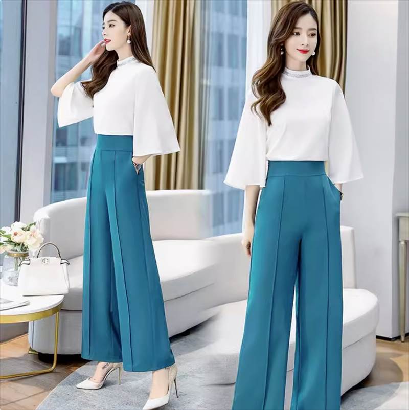 トップス パンツ ボトムス ブラウス セットアップ レディース ストレートパンツ スラックス ロング 7分袖 フレアスリーブ スタンドカラー フェミニン ファスナー ポケット ハイウエスト コンサバ