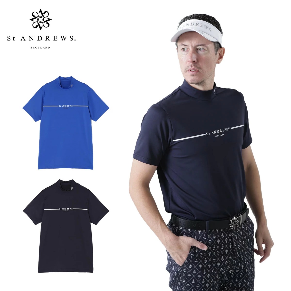 シャツ メンズ カチオンポリエステルベア天竺 半袖ハイネックカットソー ゴルフウェア ストレッチ UVカット ゴルフトップス 通気性 ブルー ネイビー シンプル