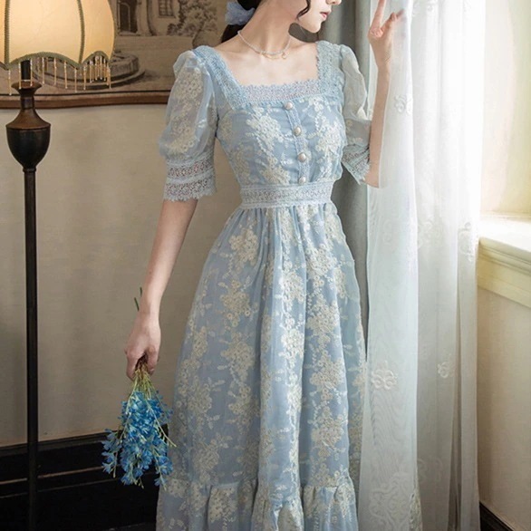 【大人気 急速出荷】大人かわいい レディース レースワンピース ロング丈 スクエアネック 背中あきレディースファッション