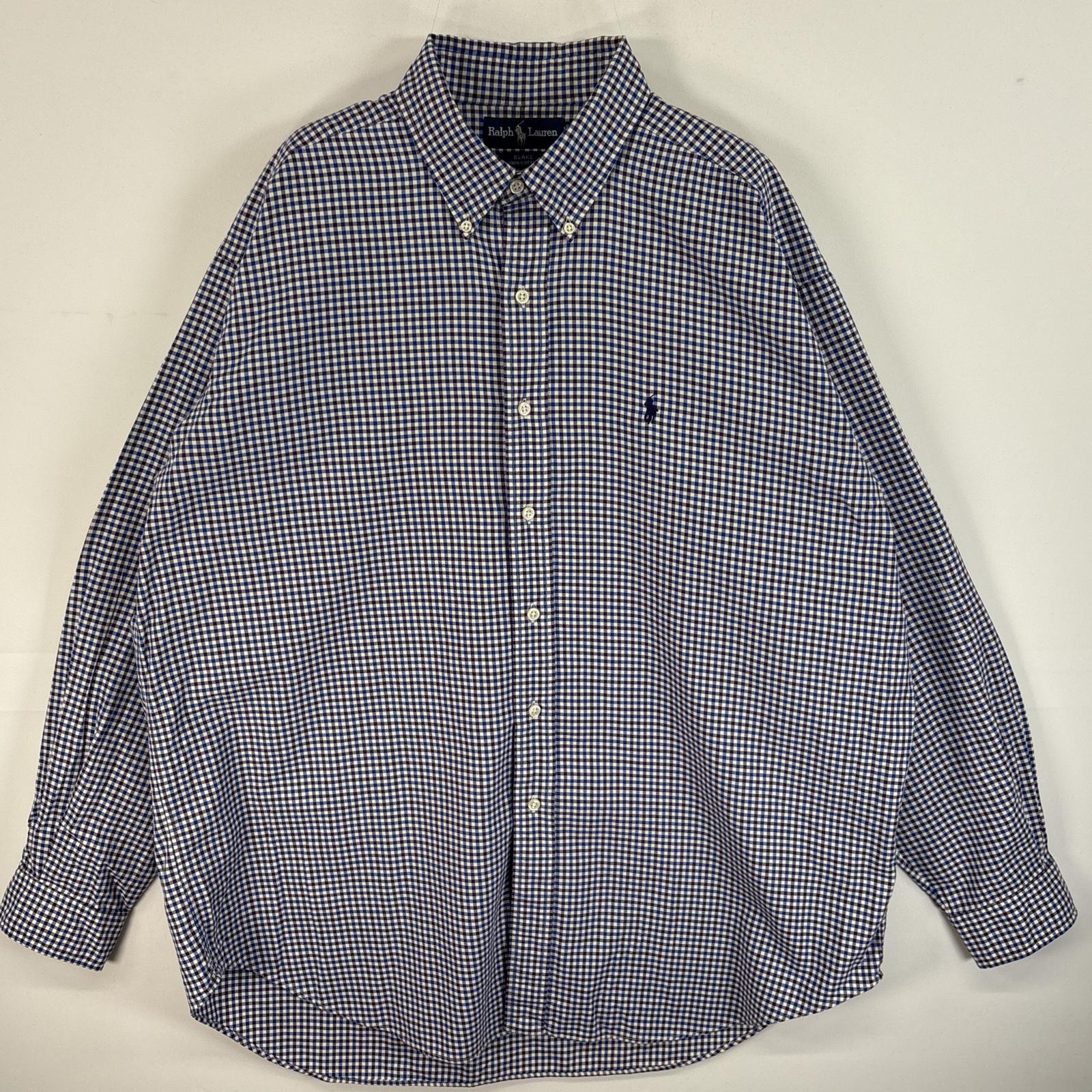 古着 90s/90年代 長袖シャツ チェック ロゴ 刺繍 ボタンダウンシャツ XL ブルー系 マルチカラー メンズ