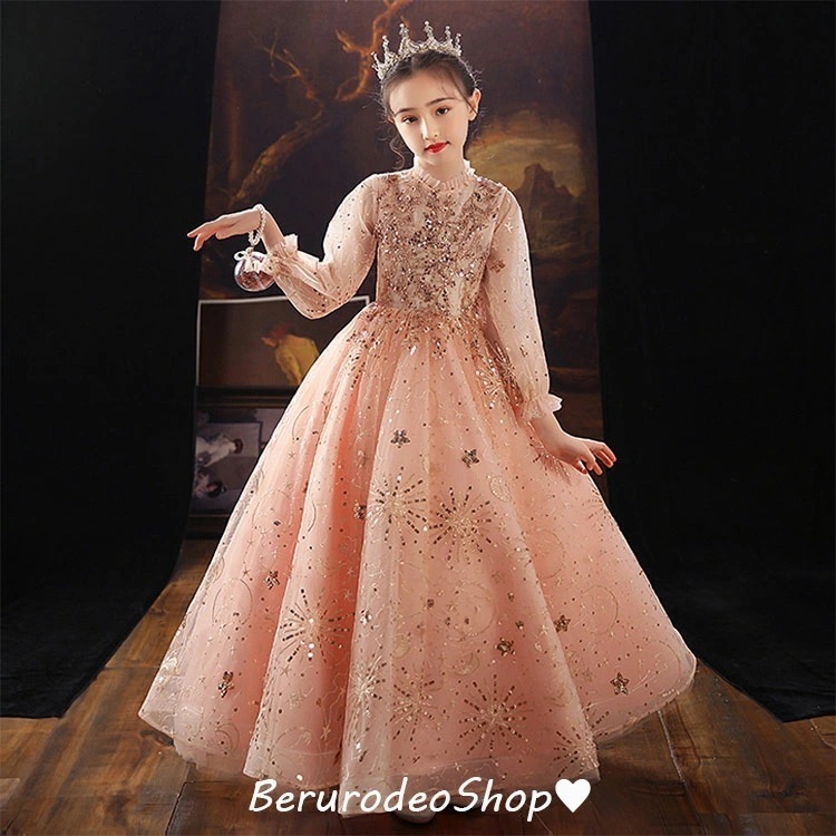 子供ドレス ピアノ発表会 ロングドレス スパンコール キレイめ 演奏会ドレス 女の子 刺繍 星柄 女児ドレス パフスリーブ 立ち襟 長袖 子供服 子どもドレス キッズドレス 演出服 110-160cm