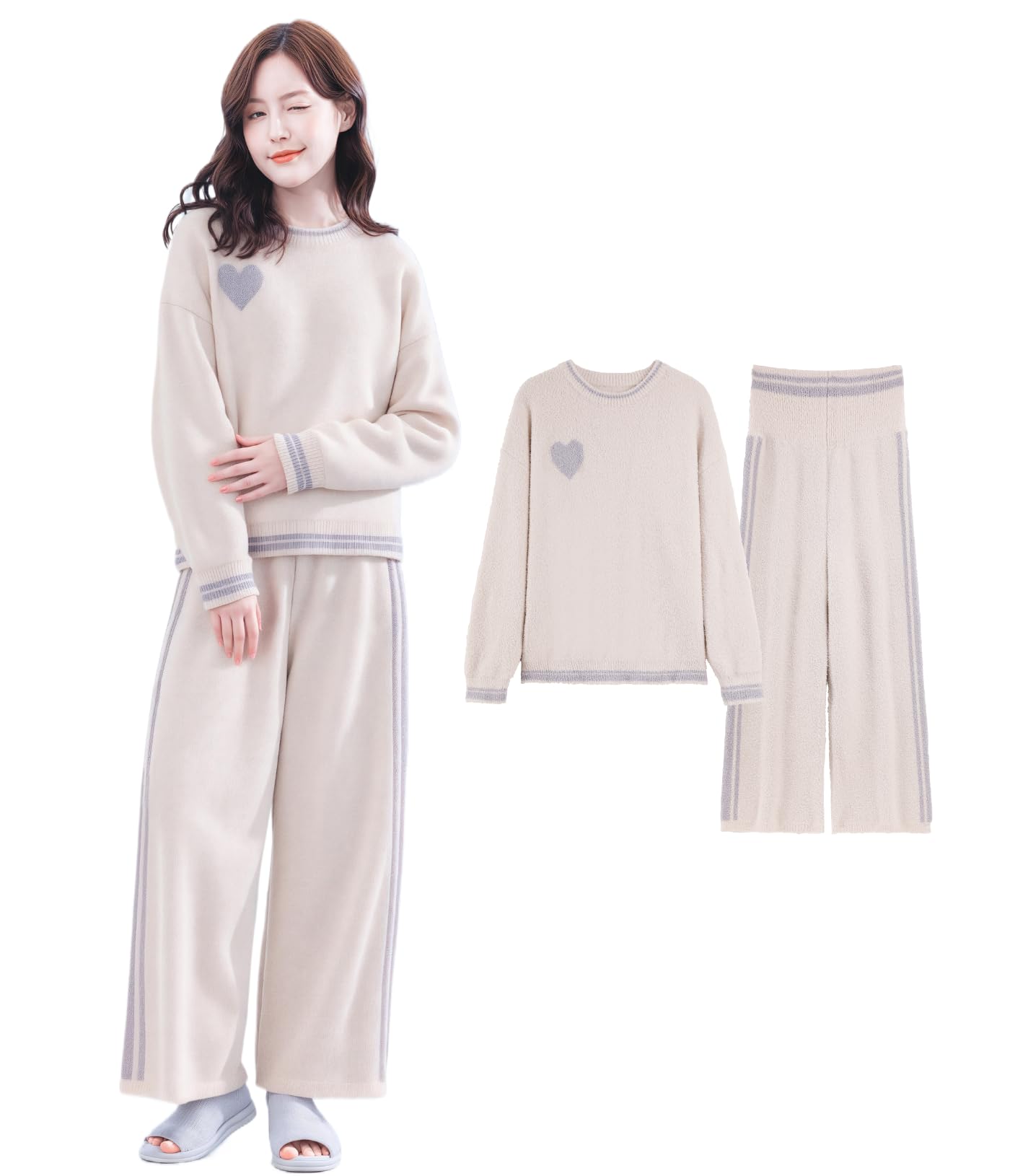 [Beatgos] 腹巻付き ルームウェア 部屋着 パジャマ レディース モコモコ 暖かい 長袖 春 秋 冬 (YS02 米白 M)