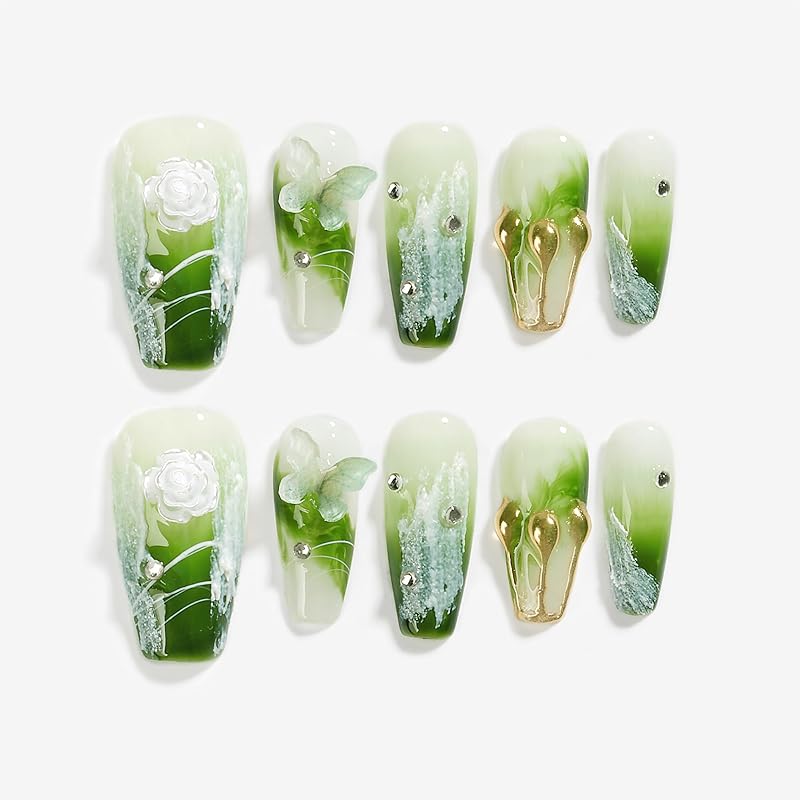 Sun&Beam Nails 手作り ネイルチップ ミディアム ロング バレリーナ 緑 グリーン 蝶 花 人気 3D おしゃれ 可愛い デザイン つけ爪 付け爪 収納ボックス付き 10枚入 (L, 0