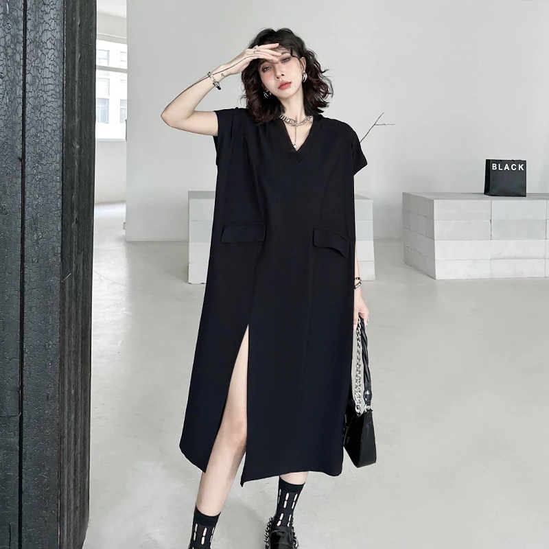 韓国垂感オープンvネックワンピースレディース夏の薄いTシャツワンピース