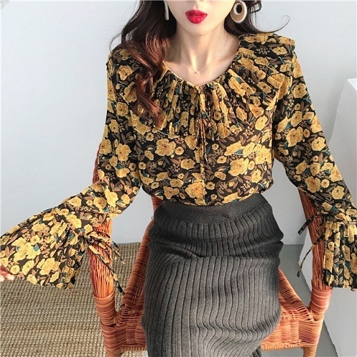 2073.袖コンシャスプリーツデザイントップス(イエロー)