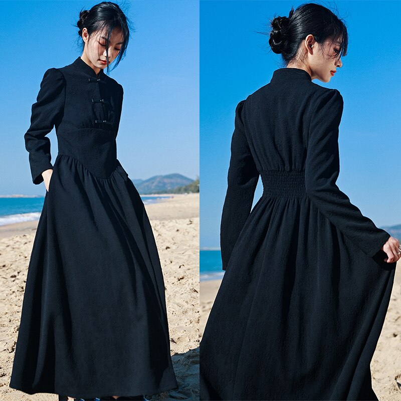 【人気SALE】チャイナ風ワンピース 黒 レトロ 着瘦せ ロング Aラインワンピース 暗黒風 長袖 チャイナボタン