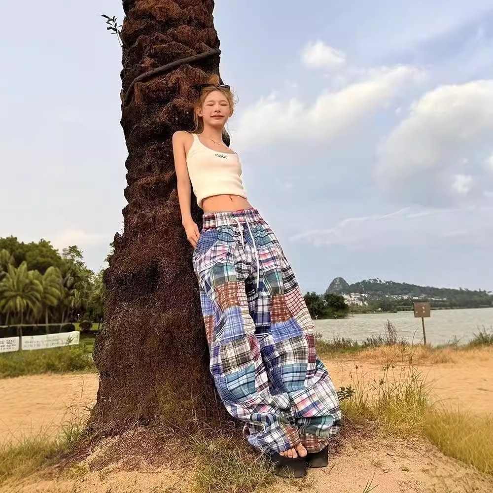 アメリカンレトロカラーチェック柄ワイドレッグパンツレディース夏新作韓国スタイルオールマッチスリムカジュアルモップパンツ