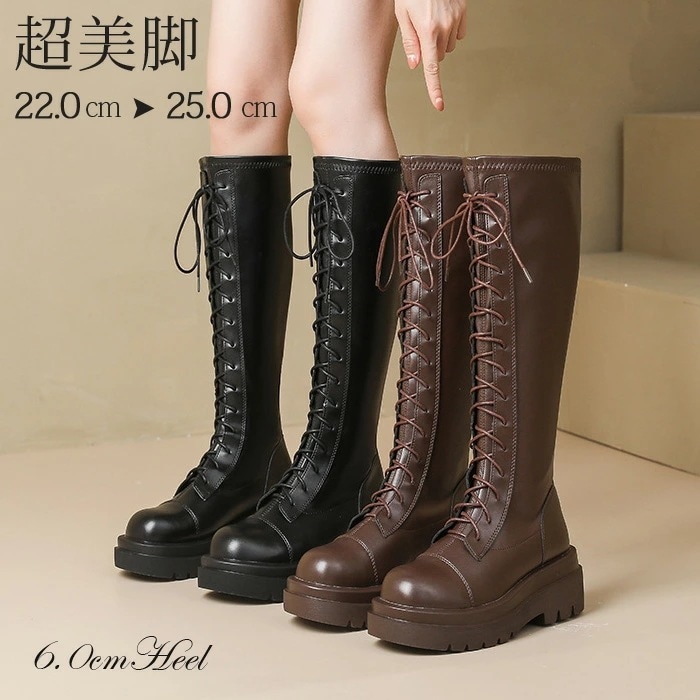 【最安値に挑戦】編み上げ ロングブーツ 厚底 レディース 美脚 細見え 裏起毛 ゆったり ブーツ 疲れない 痛くない 歩きやすい 美脚 防寒 筒 周り 40 大きいサイズ 靴 シューズ 軽量 おしゃれ