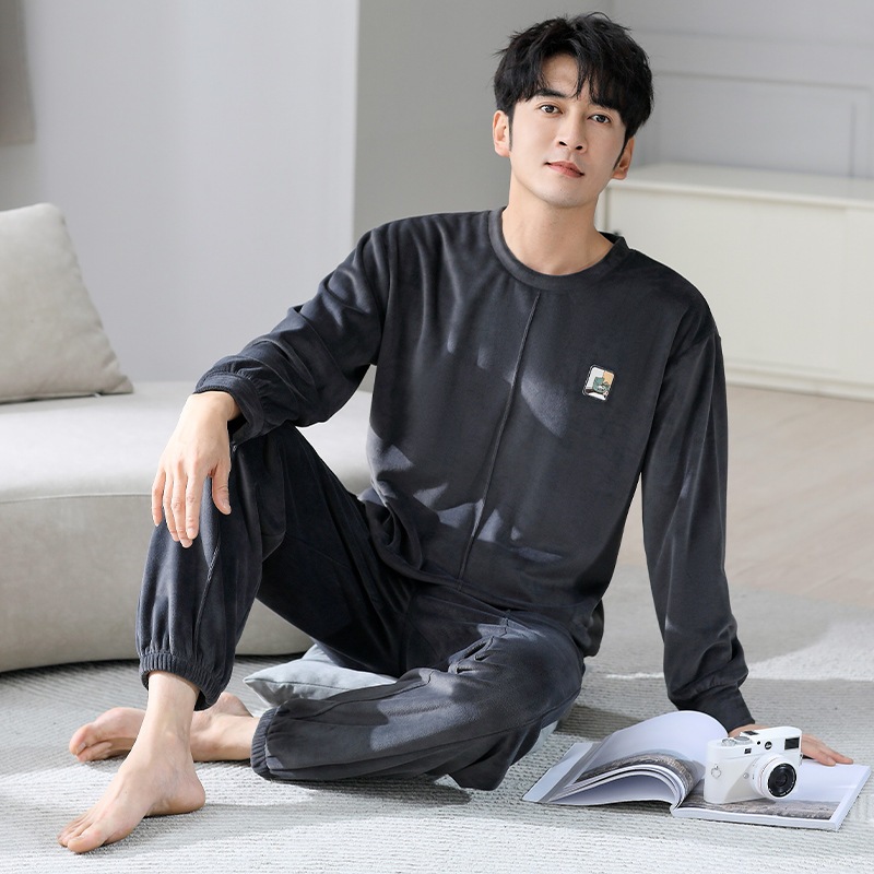 秋冬コーラルベルベットパジャマメンズ薄手プラスベルベットプルオーバー暖かいアイランドベルベット春秋メンズホームウェアセット