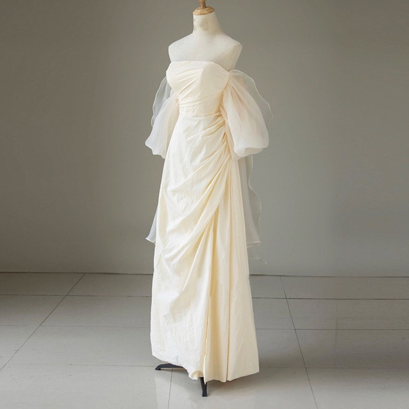 フレンチワンショルダーライトウェディングドレス花嫁シンプルサテンスーパーフェアリー風ウェディングドレス結婚式披露宴イブニングドレス