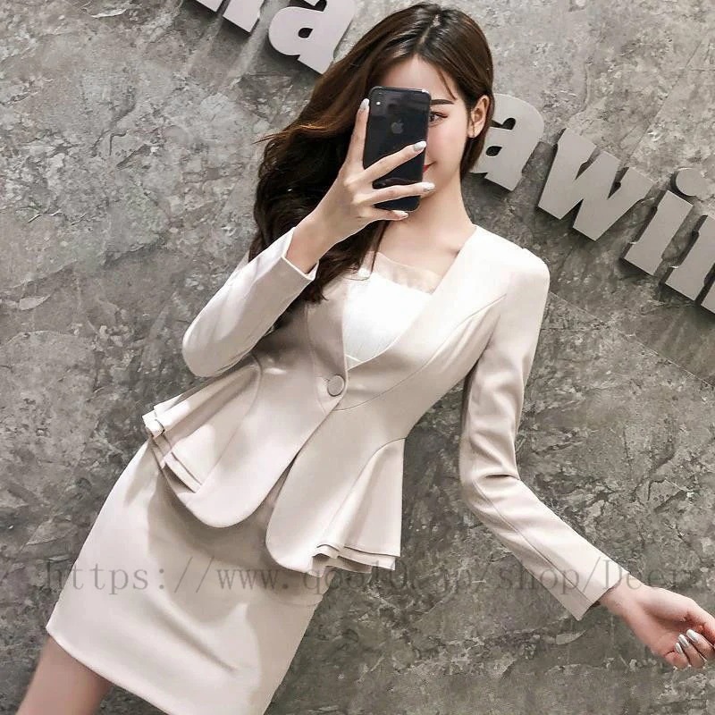 ス一ツ/新生活応援ビジネス特集韓版背広のスーツの雰囲気の職業装女ハスの葉の修身背広タイトスカートスーツ/ ビジネス スーツ 洗える ストレッチ