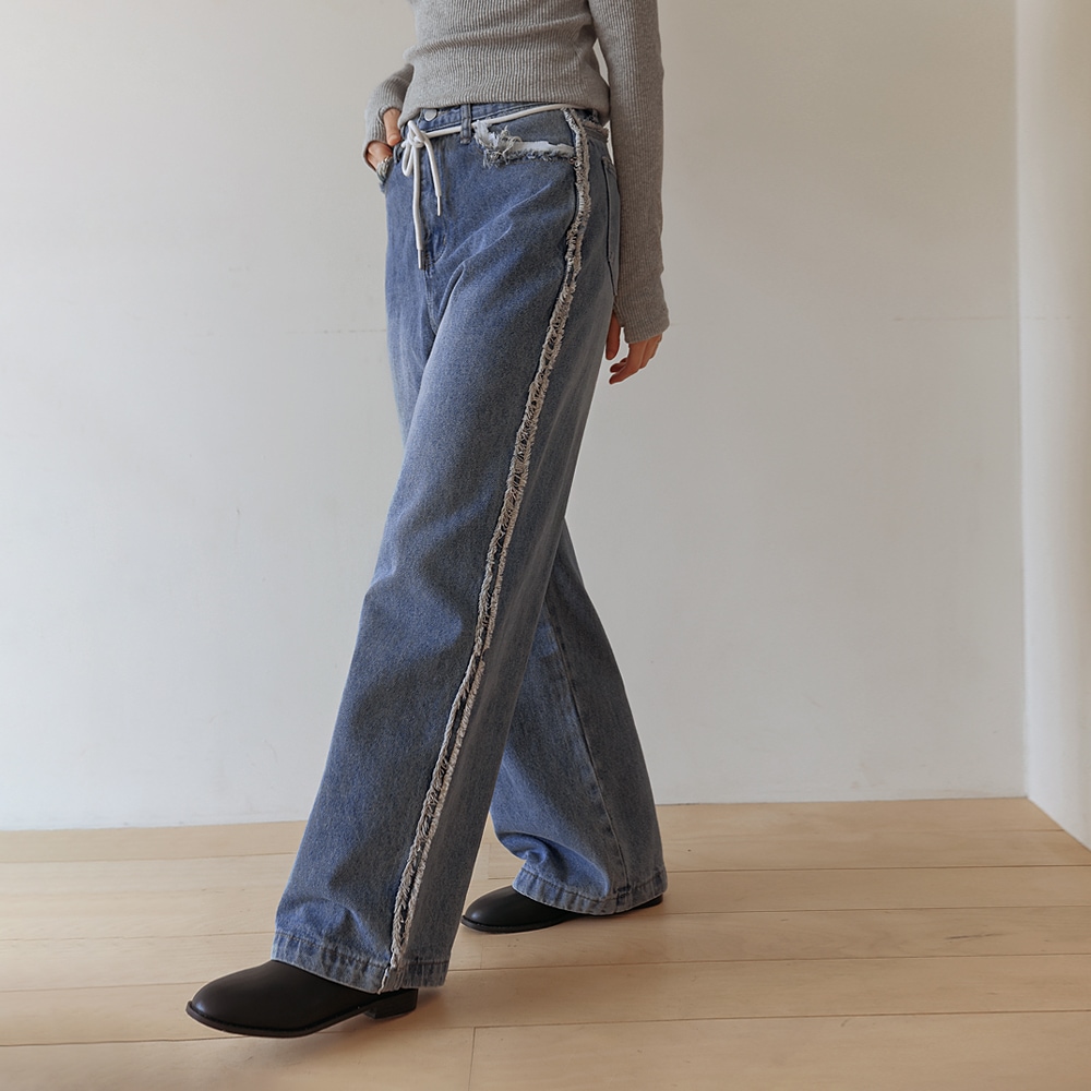 ブロンフリンジストラップセットワイドデニムパンツ