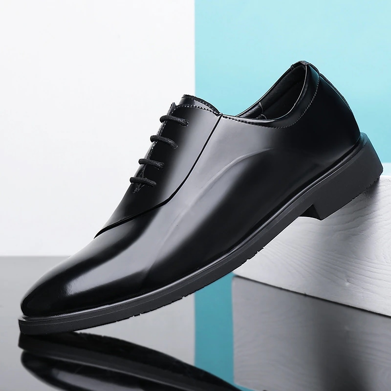 メンズレザーシューズビジネスフォーマルメンズブルー英国スタイルポインテッドトゥソフトソール身長アップ新郎ウェディングシューズ3