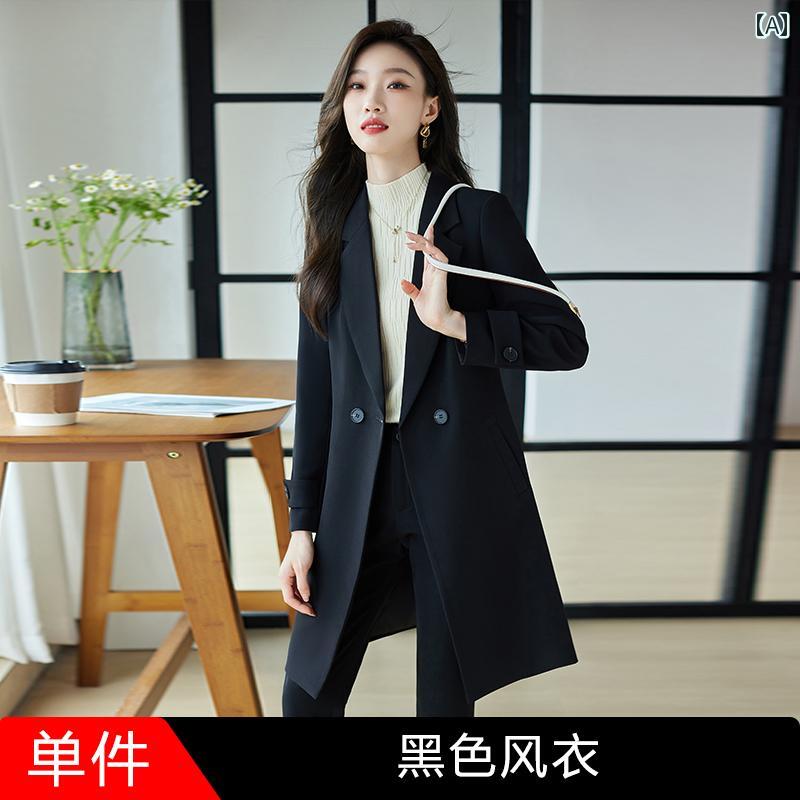 コート 大人 レディース きちっ感 ビジネス 黒 トレンチコート レディース 春秋 S ミディアム丈 セット コート シンプル スーツ襟