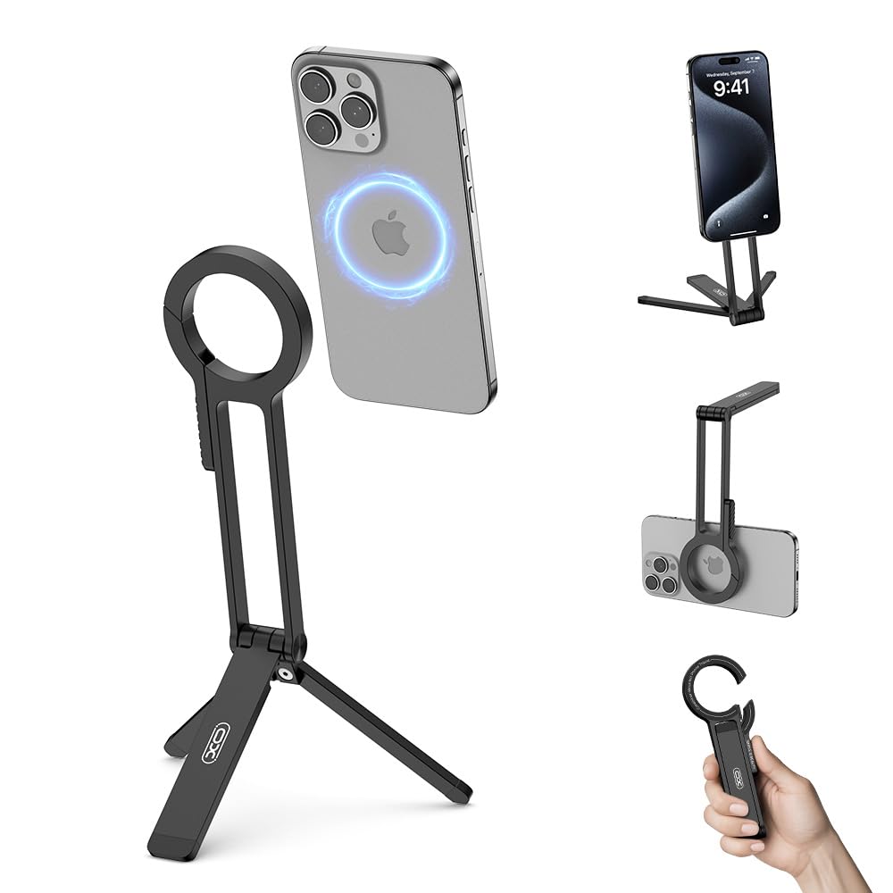 Magsafe対応 スタンド 携帯スマホ三脚 ミニ電話全金属製 360度回転 自撮り棒 スマホスタンド マグネット卓上セルフィー iPhone 16/15/14/13/12 Plus Pro Max