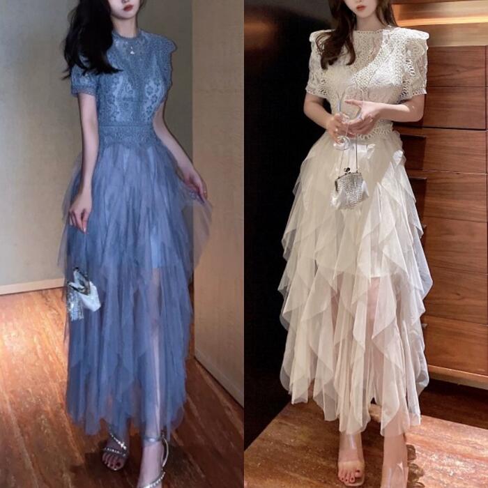 女の子パーティー ワン 袖あり ロング丈 エレ レース チュール レディース ワンピ ドレス フ 半袖 きれいめ 二次会 セレモニー フェミニン お呼ばれ グレー ベージュ 春 秋 夏 202025新