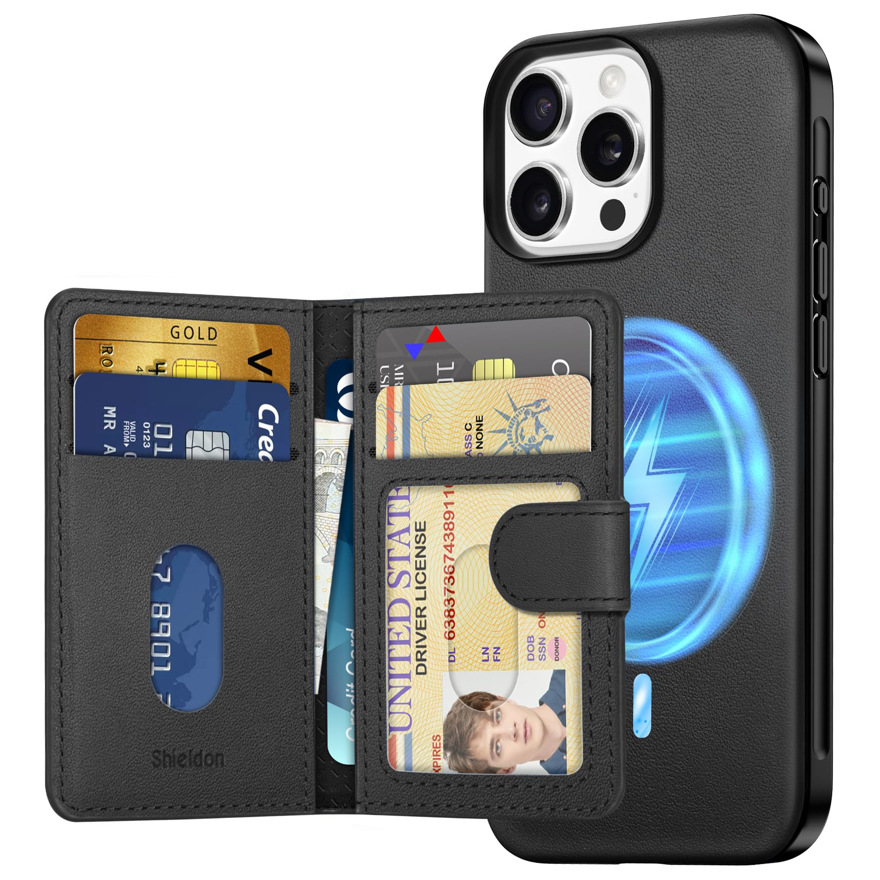 SHIELDON iPhone 16 ProMax対応 ケース 本革レザー 磁気吸着ウォレット 分離可 6枚カード収納 [RFIDブロッキング] 磁気充電可 背面保護 あいふぉん16プロマックス用カバ