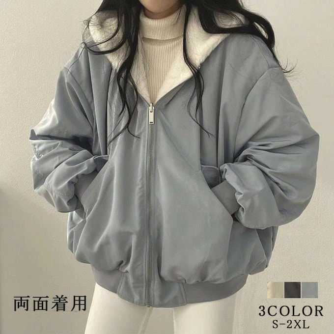 中綿コート レディース ボアジャケット ショート丈 ボアコート 中綿ジャケット 両面着用 フード付き 大きいサイズ 体型カバー 厚手 保温 防寒 暖かい 中綿入り アウター 秋 冬 韓国ファッション