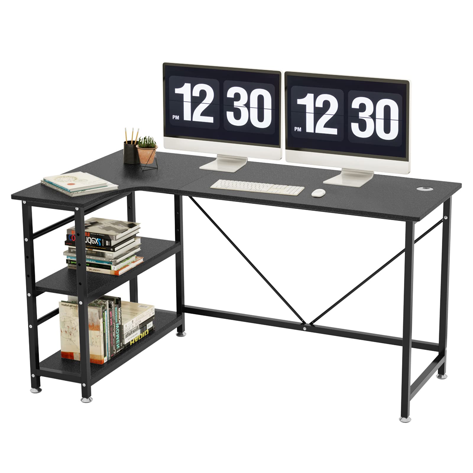 パソコンデスク 幅140cm コーナーデスク 可動2段ラック付き テレワーク/ゲーミング L字デスク オフィスデスク 事務机 ホールカバー付 落下防止 メラミン加工 グ 82150