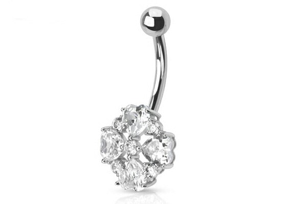 14金 ホワイトゴールド クローバーハートへそピアス 14G 14ゲージ ボディピアス 女性 四つ葉