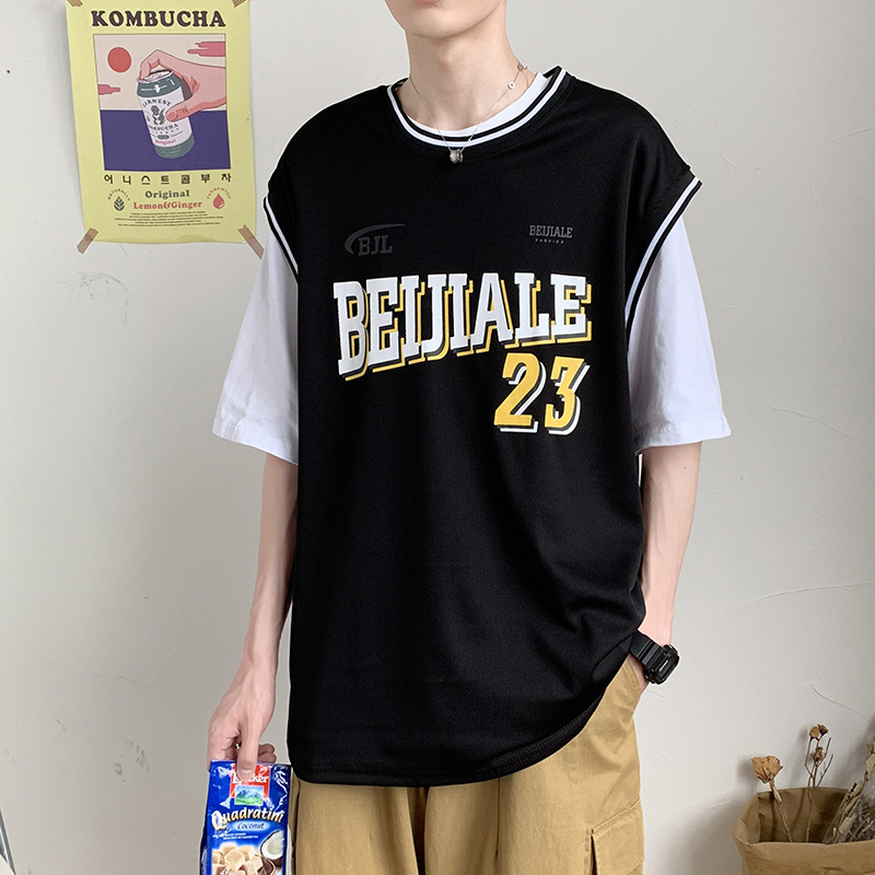 夏のスタイルのプリントバスケットボールスポーツベストノースリーブtシャツメンズ韓国スタイルのゆっ