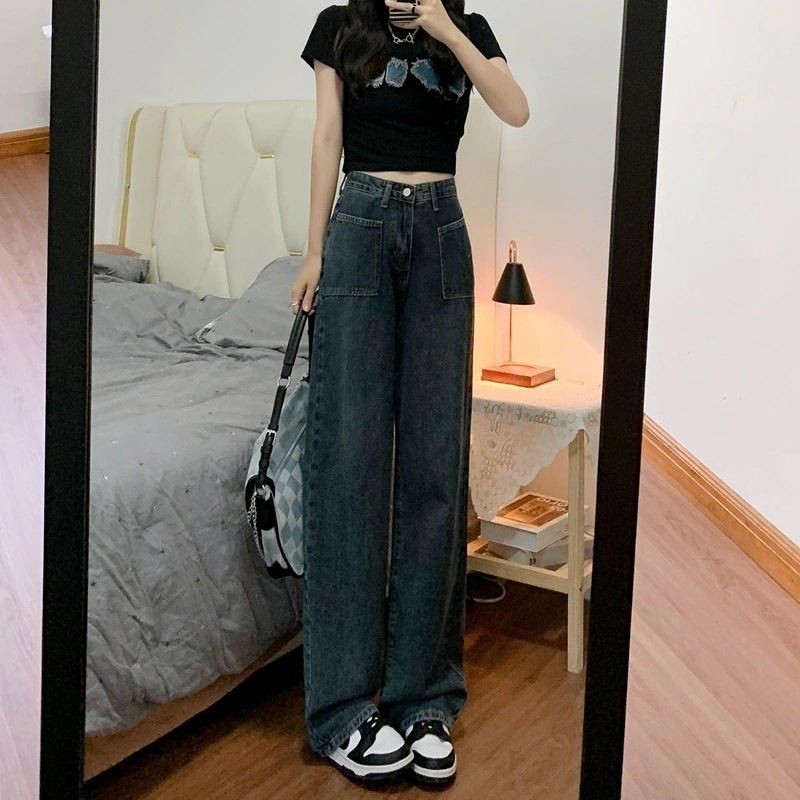 ブルーグレーワイドレッグジーンズ女性シーズン新しいハイウlエスト薄型ルーズストレートデザインセンスズボン