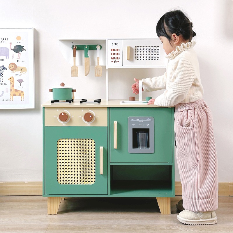 木製のシミュレーション子供用レトログリーンキッチンハウスクッキングストーブ料理料理料理キッチンセットハウスおもちゃ