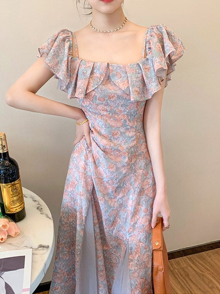 【3日で出荷】スリングスカート女性21年夏新しいワンショルダーフローラルドレススーパーフェアリ