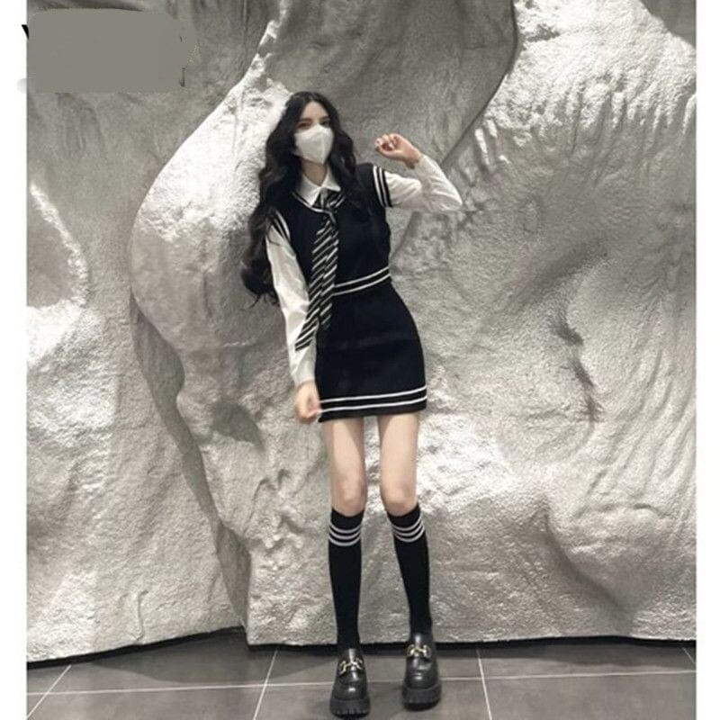 ファッションjk 涼しく楽ちんセットアップ 韓国 制服インナーシャツ＋ニットベスト＋ネクタイ＋ニットタイトスカート着痩せ4点セット スーツ