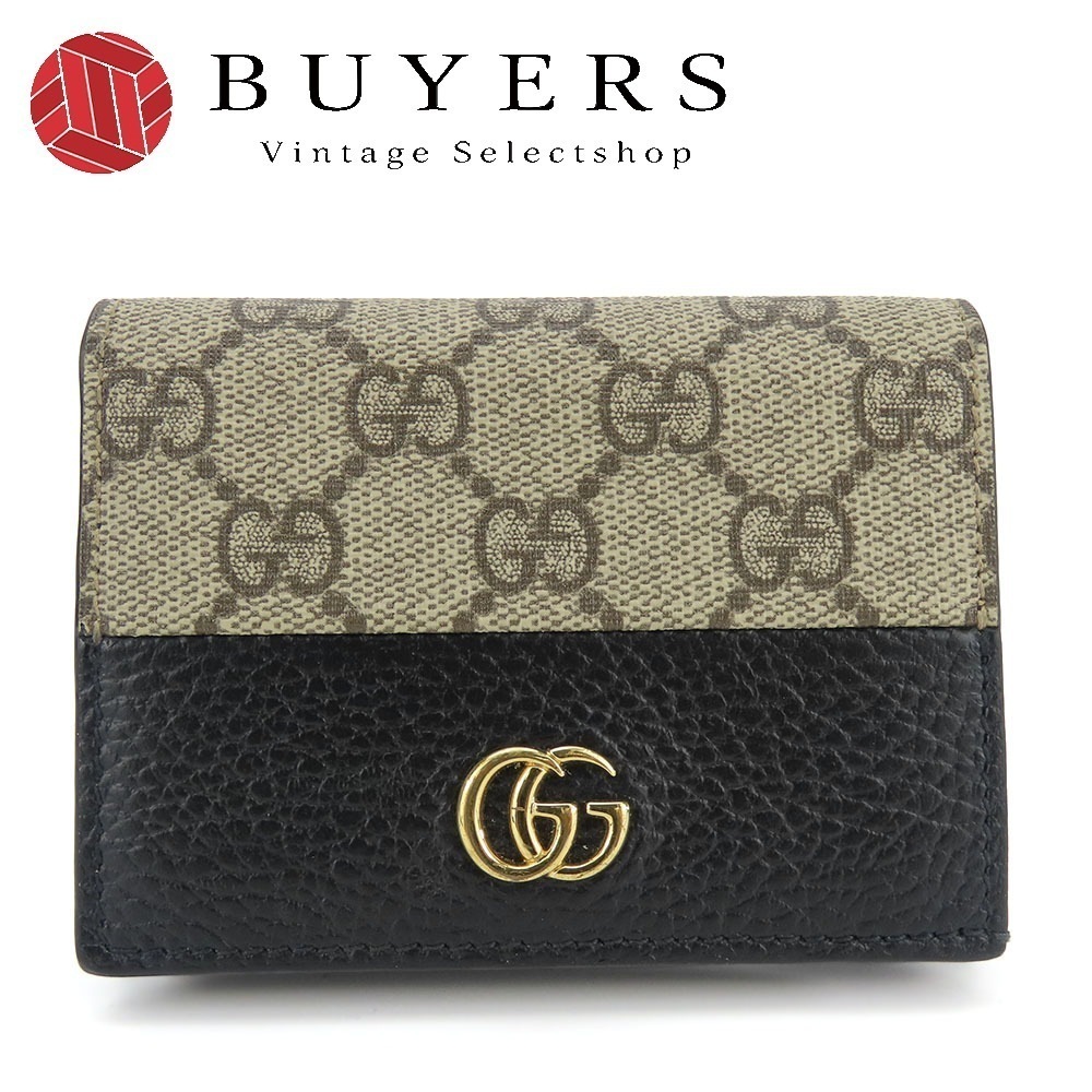 中古 二つ折り財布 658610 ダブルG GGスプリームキャンバス レザー ブラック ベージュ ゴールド金具 カードケース 小物 コンパクト レディース 女性