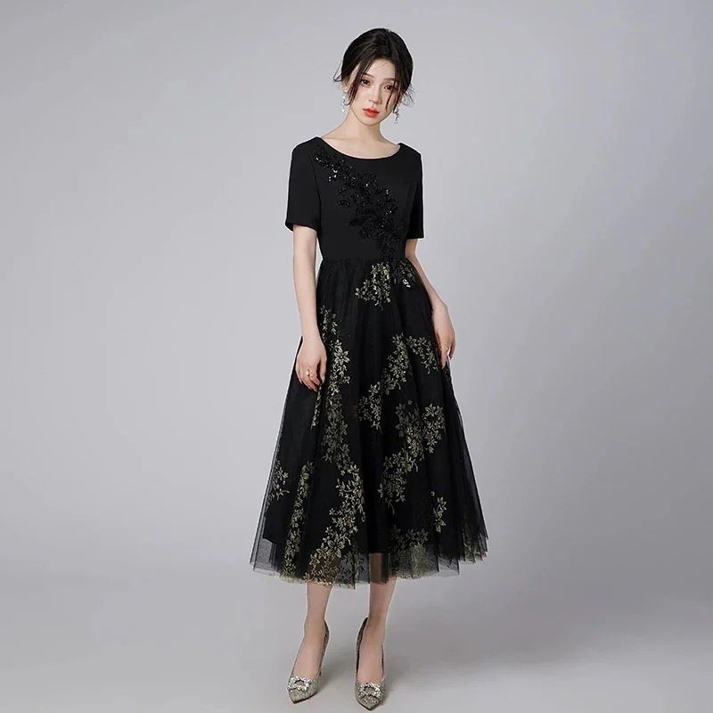 新作 黒 イブニングドレス 半袖 演出 ワンピース パーティードレス キャバ 着痩せ 大人 同窓会 披露宴 卒業式 結婚式 演奏会 ウェディング 二次会 発表会 メガ割