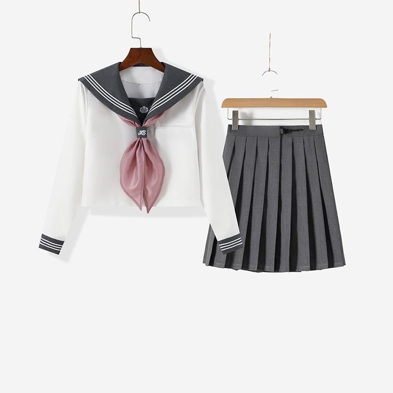 【1つ買うと10つ無料】灰色の3本の本jkユニフォームカレッジハンドカレッジカレッジスタイルの春と秋の長袖プリーツスカートセット