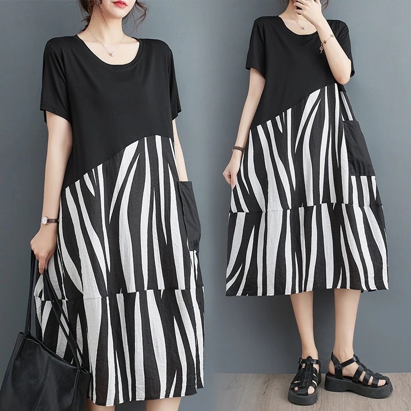 「ファットガール」 2024夏 柄 Tシャツワンピース 半袖 ドッキング 体型カバー 大きいサイズ ゆったり レディース