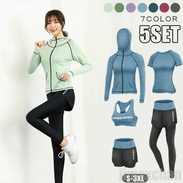今すぐ欲しい！レディース フィットネスウェア 上下5点セット スポーツブラ Tシャツ 長袖トップス レギンス ショートパンツ スポーツウェア ヨガウェア 春夏秋冬 運動用 吸汗速乾 通気性