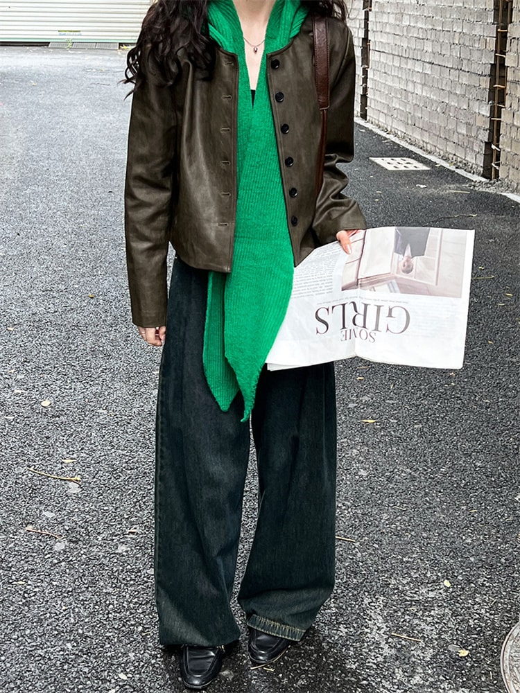 INSスタイル 秋 レトロ スリム ラウンドネック レディース PU コート 単体ボタン ジャケット デザインセンス ホットガールスタイル セクシー 短いスタイル