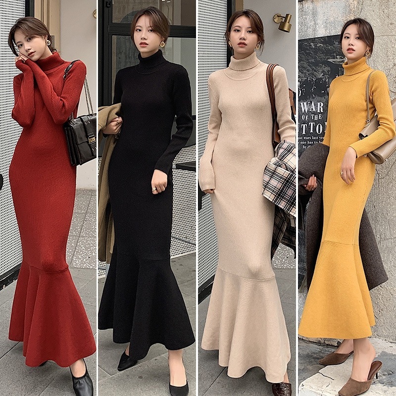 ワンピース ニットワンピース カラバリ マーメイドスカート マーメイドライン 韓国 レディース オルチャン ロング ロング丈 マキシ マキシ丈 袖あり 長袖 ハイネック タートルネック