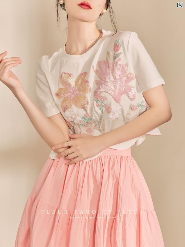 レディース ファッション　冬　綺麗　大歳　上品　オシャレ ジョー フラワーボトル 夏 レディース フレンチ フローラルプリント 半袖 Tシャツ トップス