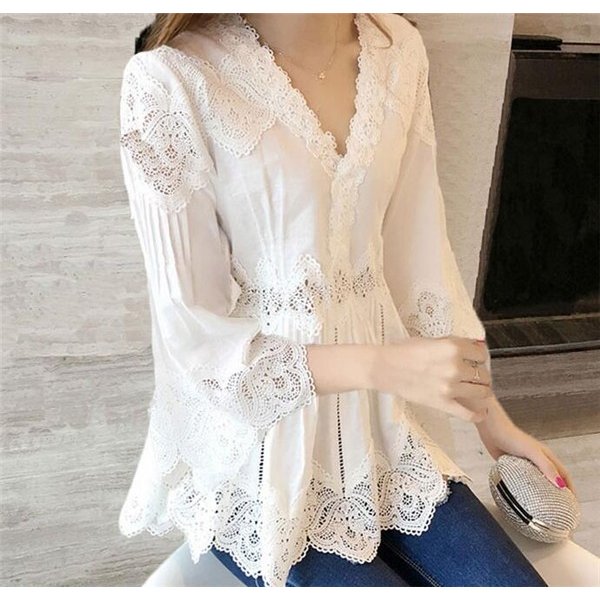 トップス シャツブラウス七分袖スカラップ刺繍 パンチングレース スカラップ レディース ドルマン 体型カバー 送料無料 秋物新作 オフィスママ