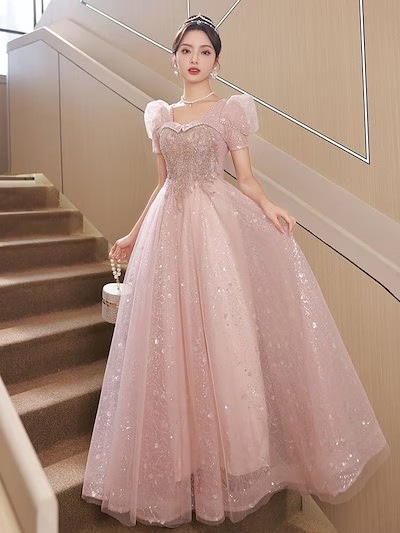 パーティードレス ピンクのイブニングドレス女性 宴会気質パーティードレス 女二次会 演奏会 発表会 披露宴 結婚式 司会