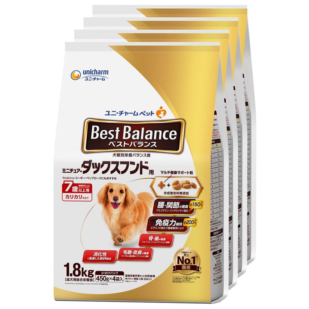 【全国送料無料】 ベストバランス ドッグフード ドライ カリカリ仕立て ミニチュア・ダックスフンド用 シニア 7歳以上用 7.2ｋｇ(1.8kg×4) 国産 ユニチャーム[ケース品]