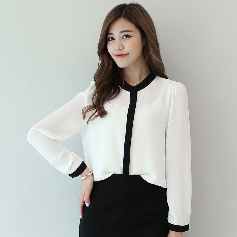 2565.バイカラーUネックブラウス（ホワイト）2019 春夏 sale 春夏 sale トップス セクシー カジュアル 長袖 ミディアム 通勤 通学 女子会 カフェ ランチ リゾート