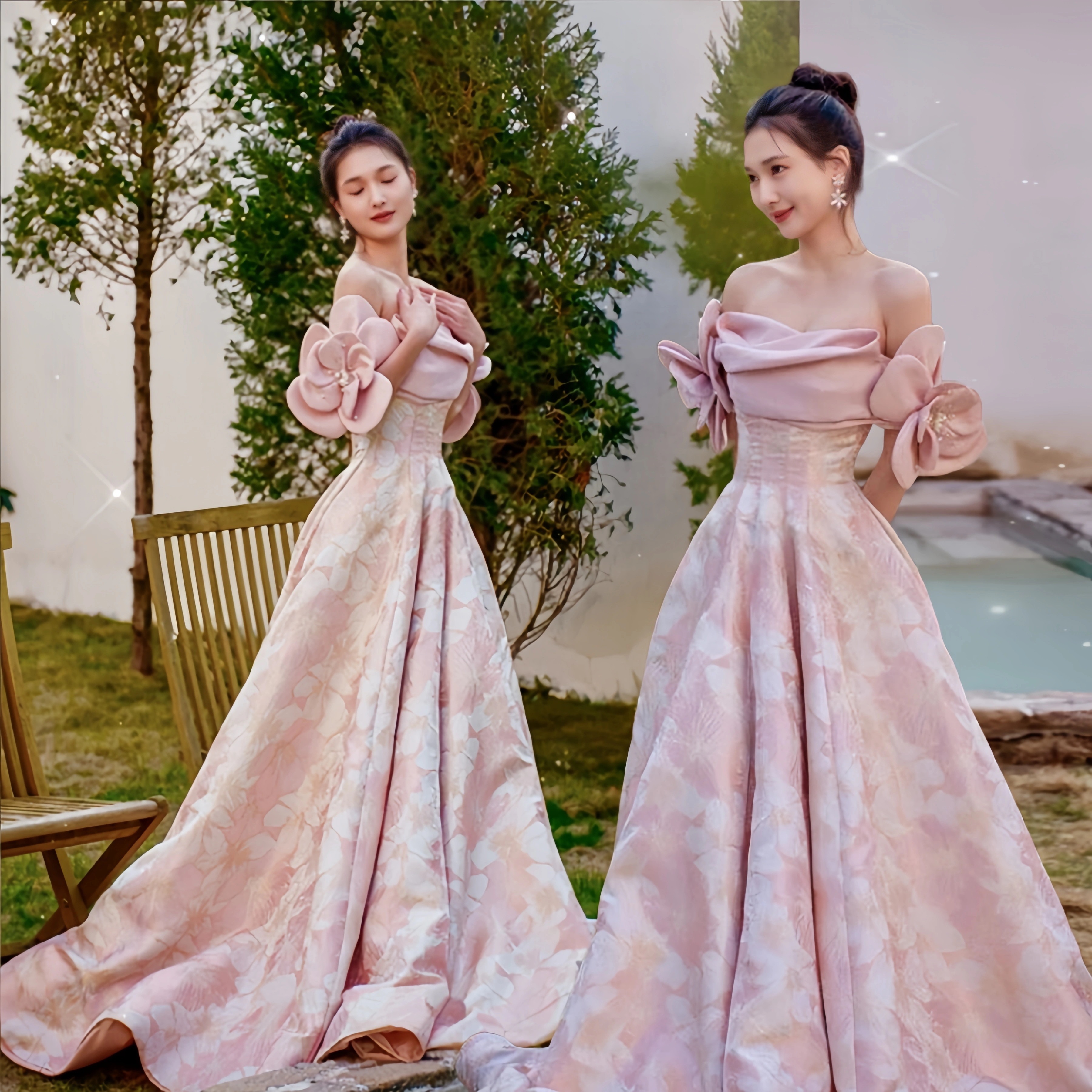 ウエディングドレス ピンク パーティードレス 立体的な花の腕飾り 前撮り 後撮り 撮影 新婦 結婚式 二次会 披露宴 シンプル 花嫁ドレス 海外挙式