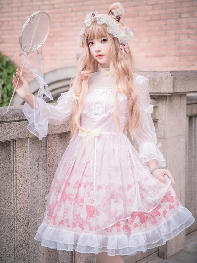 【全店任意2枚購入で100円OFF】甘いロリータOPドレス桜祭りフリルピンクカスケードフリルロリータワンピースドレス