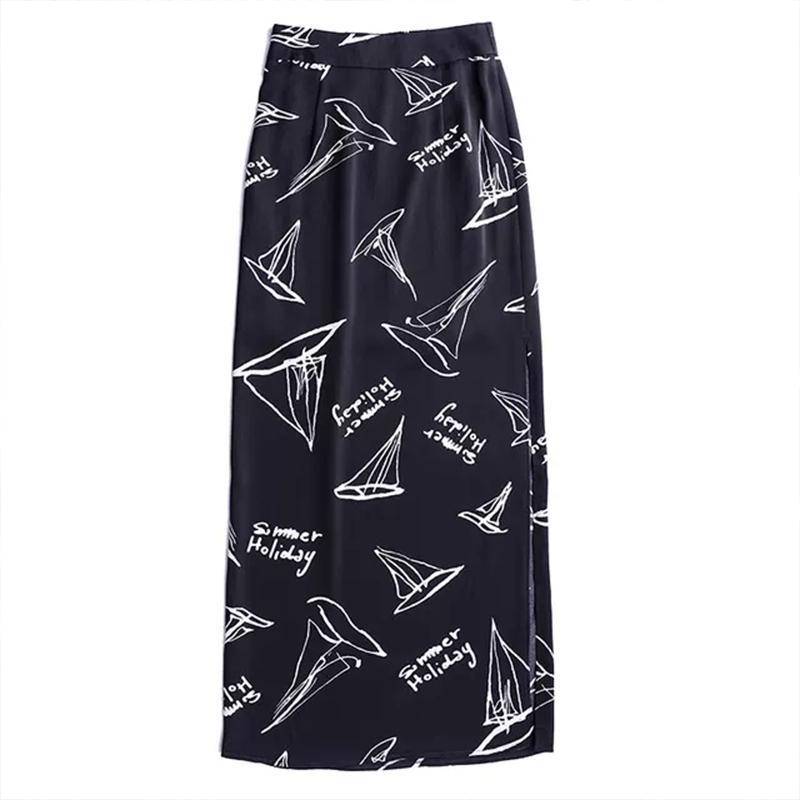 レディース ロングスカート スリット ハイウエスト キレイめ シフォン ファスナー 足長効果 夏 薄手 きいサイズ ヨット 涼しげ 黒