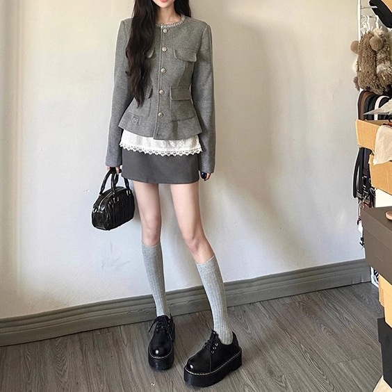 グレーカレッジスタイルスーツグレーラウンドネックウールコートプチレースハイウエストスカート2点セット