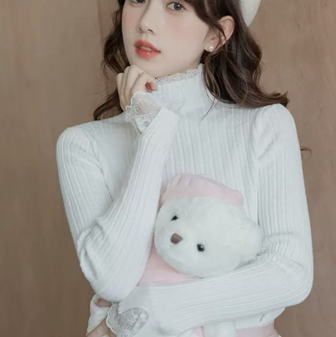 トップス デート カットソー ニットソー セーター 袖あり 長袖 春 秋 冬 10代 20代 30代 個性的 S M L ホワイト ニット こなれ感 エレガント ガーリー クール モード系